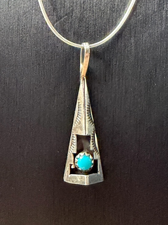 Native American Jewelry - Felix Perry Navajo Sterling Silver Turquoise Drop Pendant